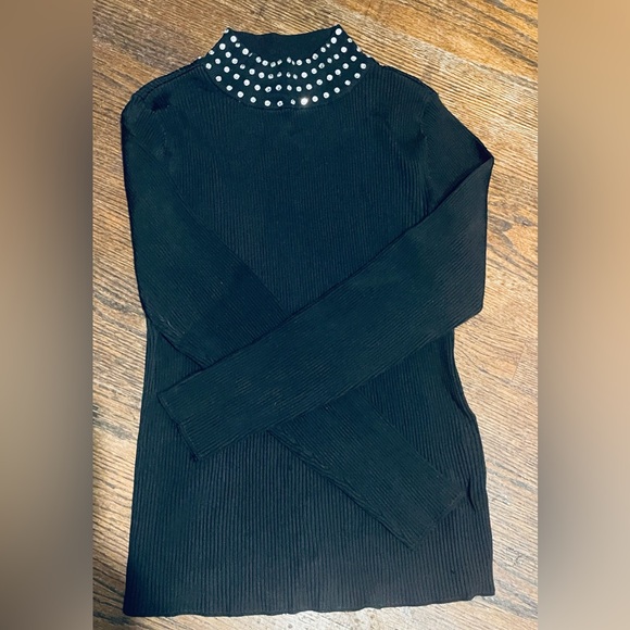INC International Concepts Black Ribbed Sweater with Rhinestone Collar - Picture 8 of 11